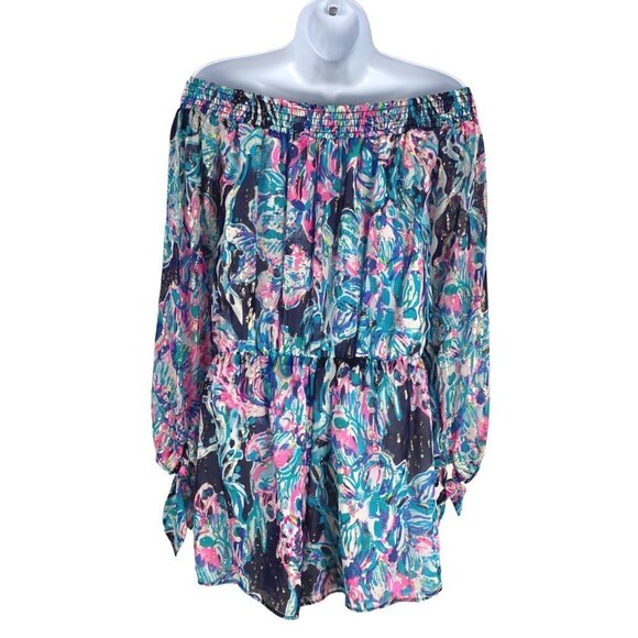 Lilly Pulitzer Myri Romper Bright Navy Caught‎ Up Small Off Shoulder DR-1269 - Picture 6 of 10